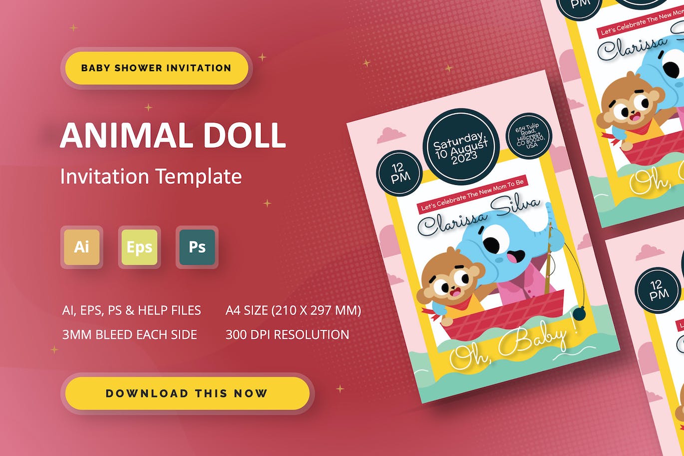 新生婴儿满月/百日宴请柬模板素材 Animal Doll – Baby Shower Invitation