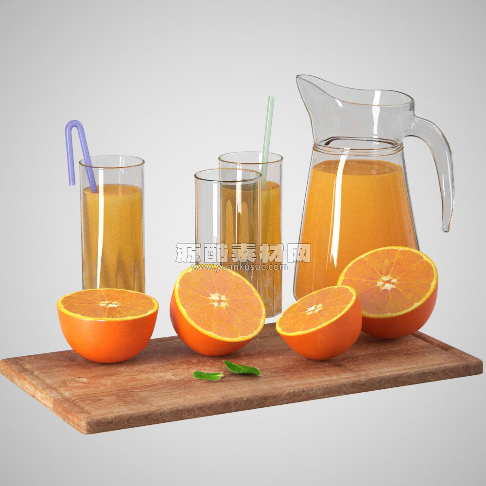 C4D橙汁模型切开橙子模型玻璃杯C4D模型下载