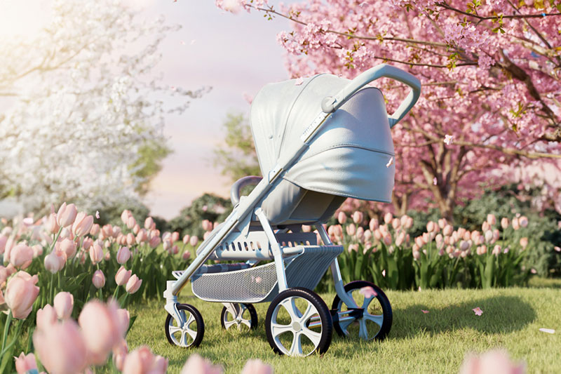 C4D工程-婴儿推车场景渲染工程樱花树郁金香场景工程婴儿车C4D模型下载