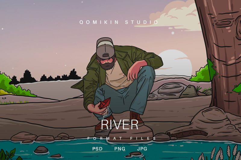 河流男子场景插画&封面背景素材 River Illustration