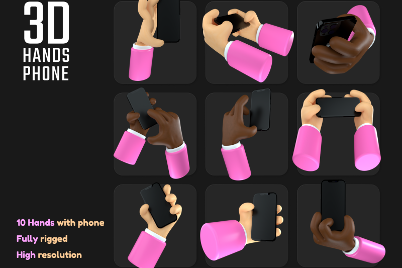 C4D工程-10个3D卡通手持手机模型卡通手C4D模型下载