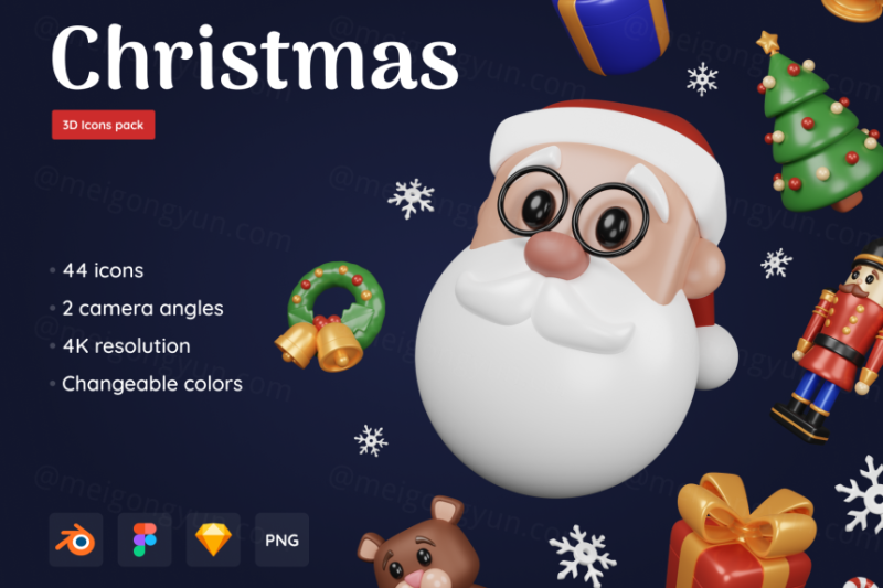 44个卡通圣诞元素图标插画3D模型合集下载 Christmas Pack – Customizable 3D Icons