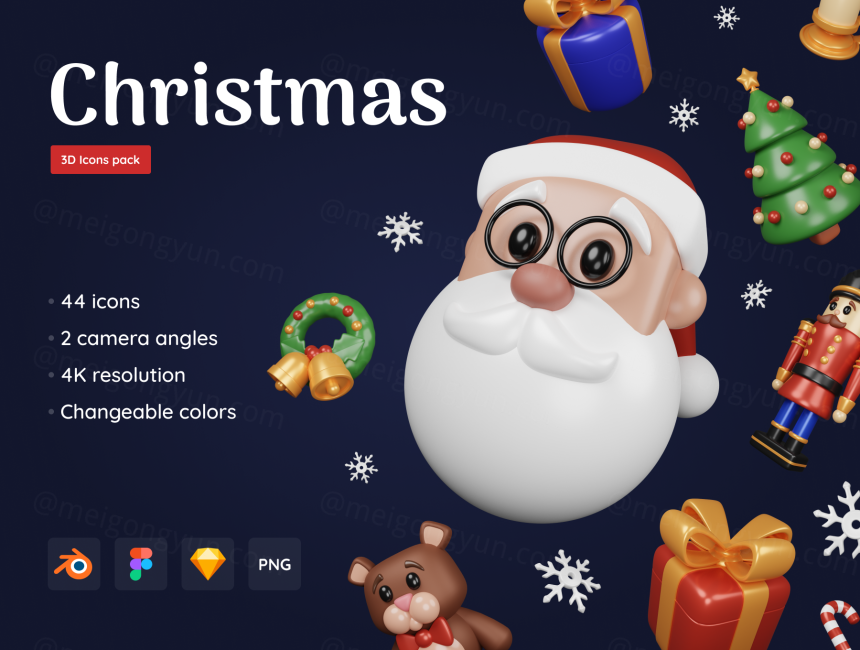 44个卡通圣诞元素图标插画3D模型合集下载 Christmas Pack – Customizable 3D Icons