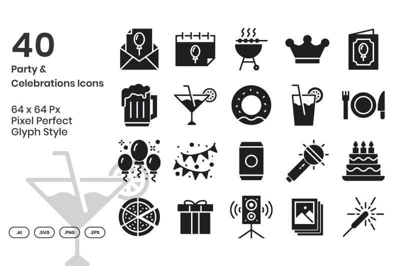 40个派对和庆祝活动字体矢量图标素材集 40 Party & Celebrations Icons Set – Line