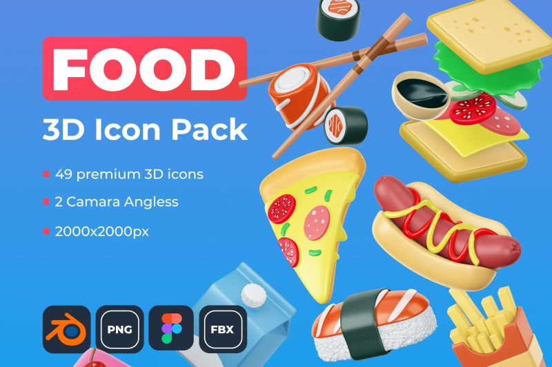 卡通食物元素3D图标模型包下载 FOOD! 3D Icon Pack