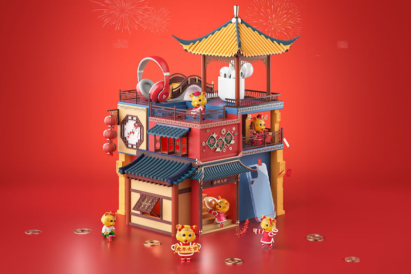 C4D工程-年货节数码3C中国风海报渲染工程中式建筑模型C4D模型下载