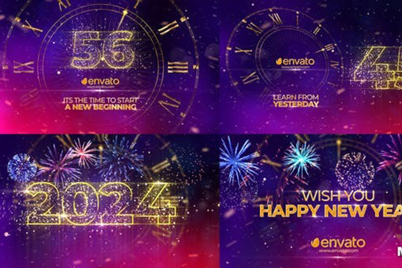 PR模板-2024新年旋转时钟烟花背景60秒倒计时动画 New Year Countdown 2024