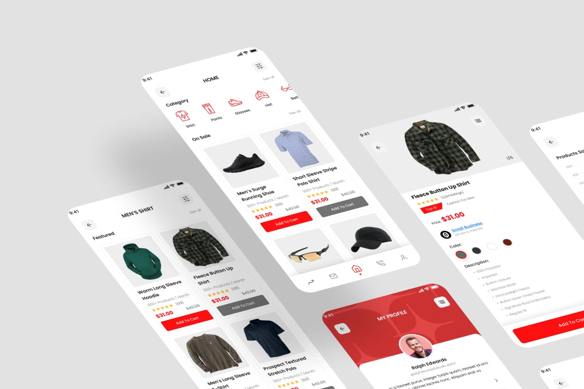 男士时尚服饰电商应用UI套件素材 Mens Fashion App UI Kit