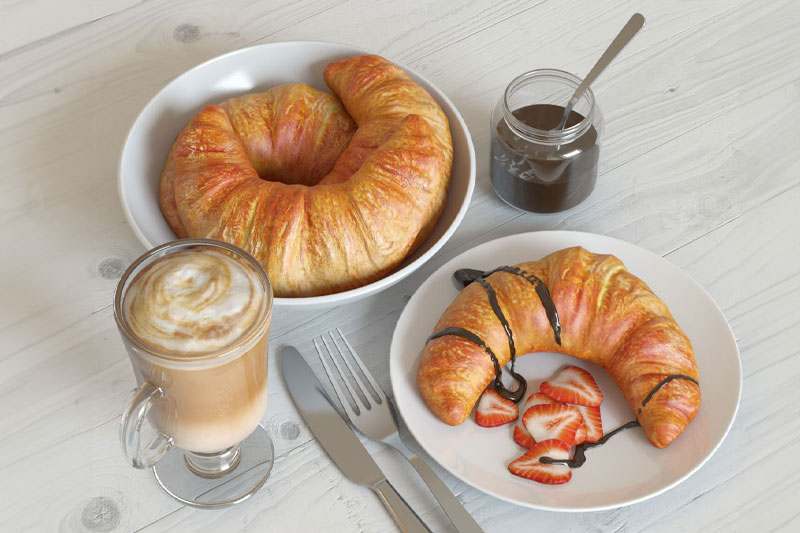 C4D模型-牛角面包模型咖啡模型餐具C4D模型下载