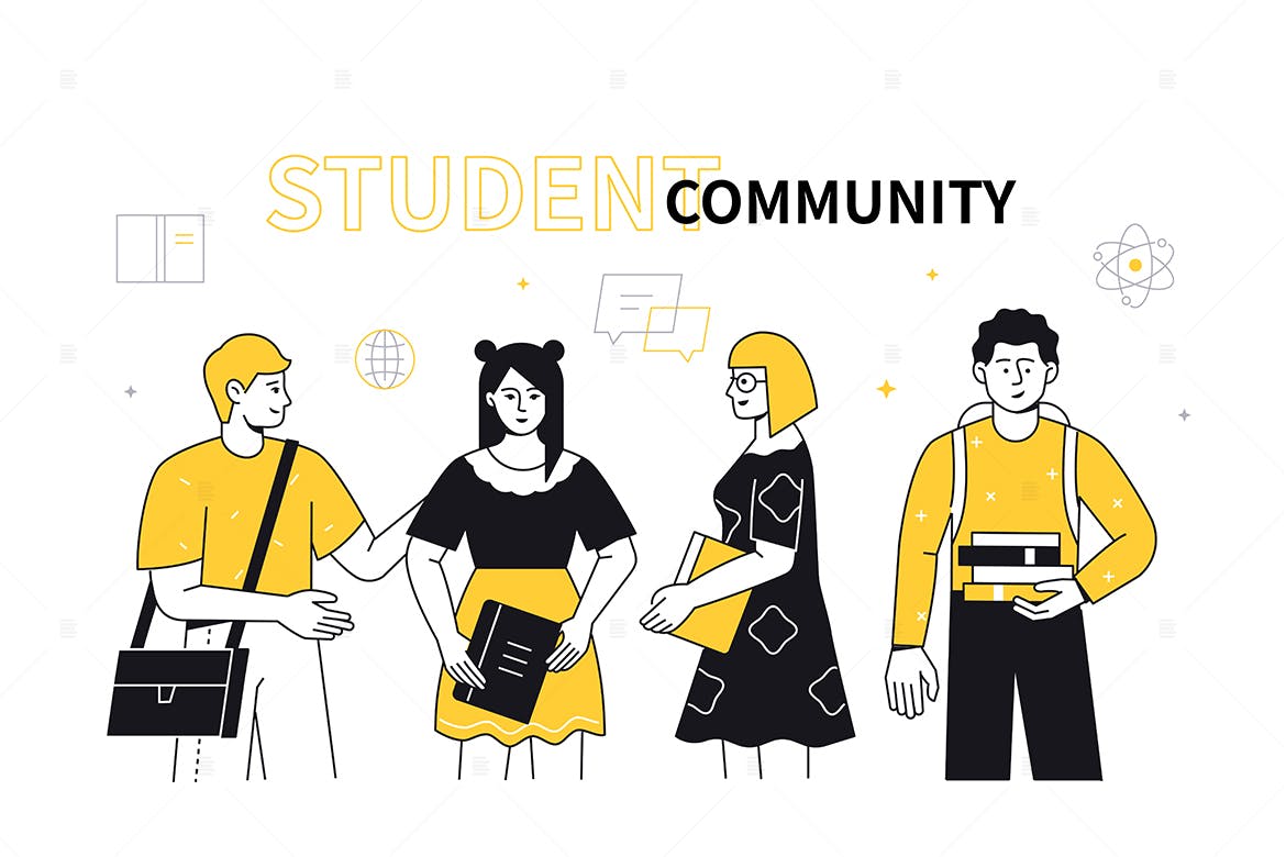 学生社区扁平设计风格矢量插画素材 Student community – flat design style illustration