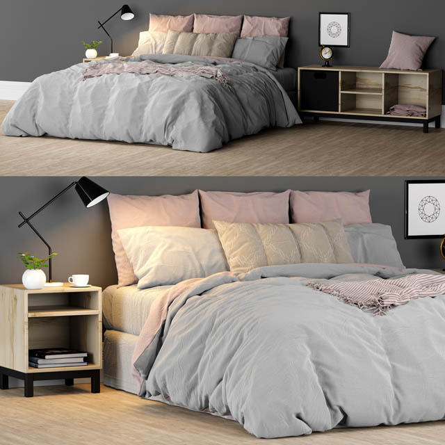 C4D模型-双人床模型台灯模型床头柜模型家具C4D模型下载