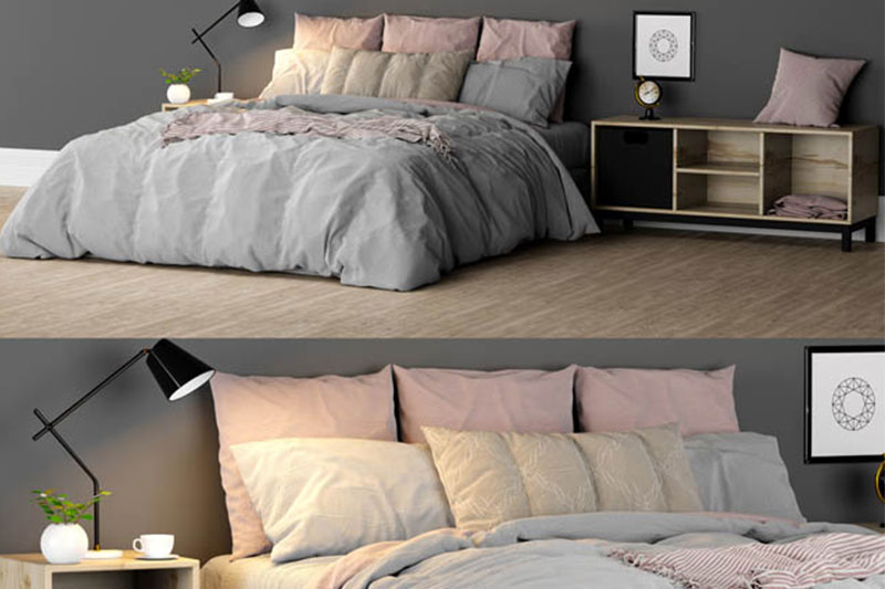 C4D模型-双人床模型台灯模型床头柜模型家具C4D模型下载