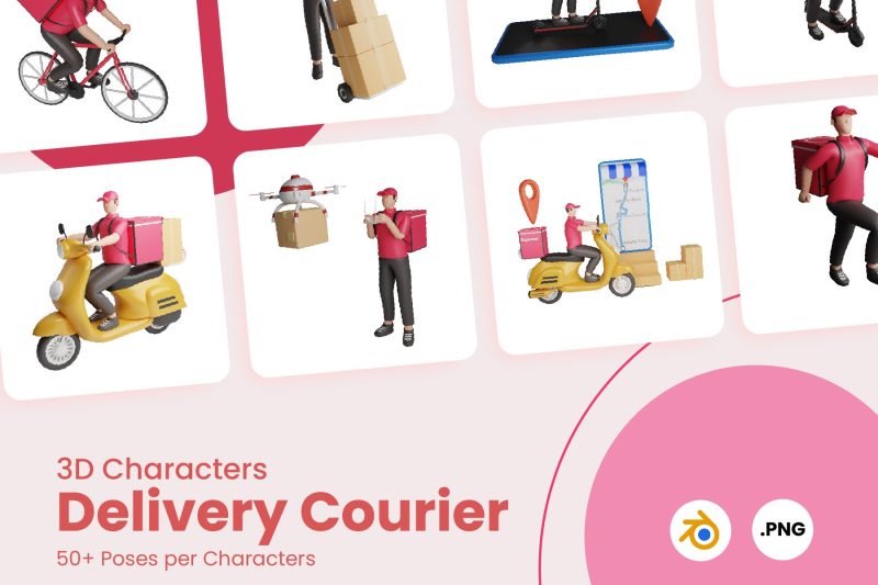 快递配送卡通人物角色3D模型素材下载 3D Characters Delivery Courier