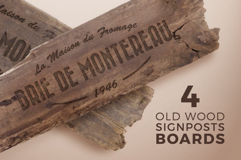 4个残旧的木板路牌/招牌样机素材 4 Old Wood Burned Signposts Boards