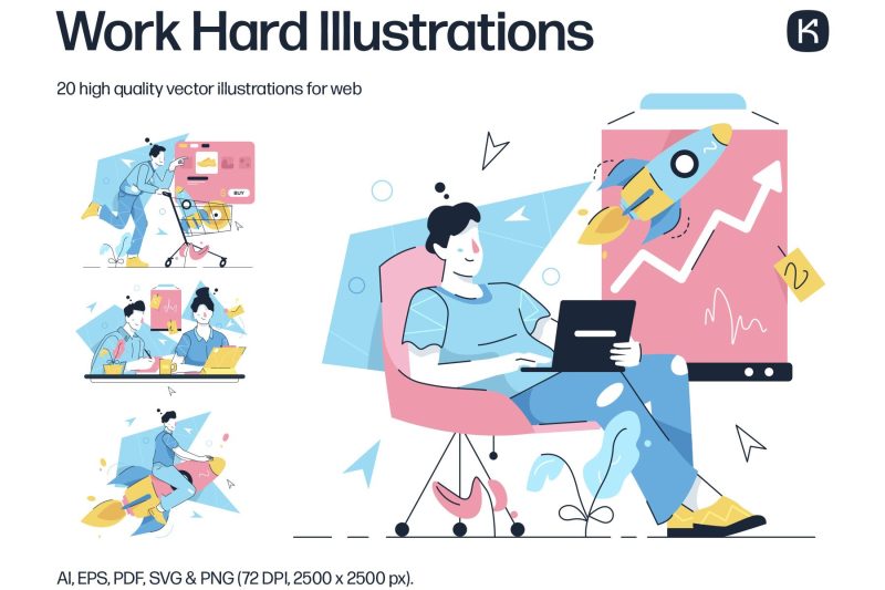 努力工作主题高质量矢量插画素材下载 Work Hard Illustrations