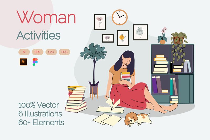 女士活动场景矢量插画素材 Woman Activities Illustration