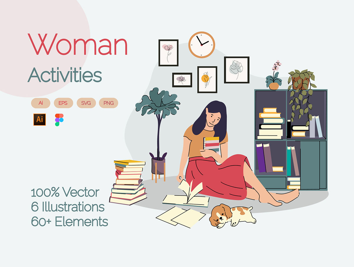 女士活动场景矢量插画素材 Woman Activities Illustration