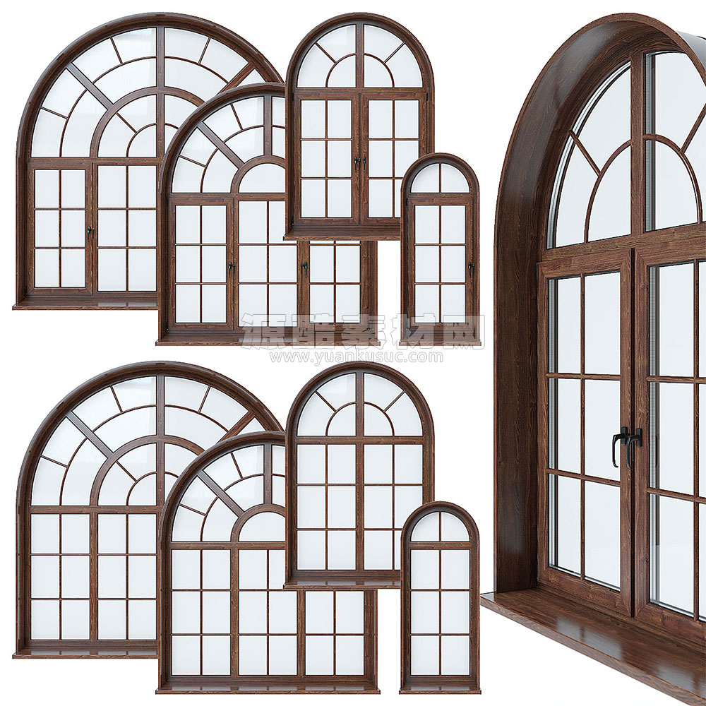 8个拱形窗户模型木质窗户模型C4D模型下载