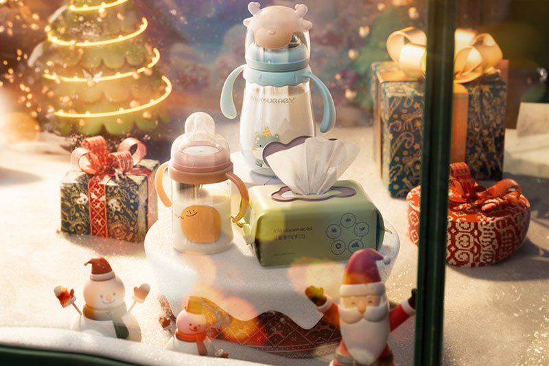C4D工程-圣诞节母婴产品渲染工程奶瓶模型湿巾C4D模型下载