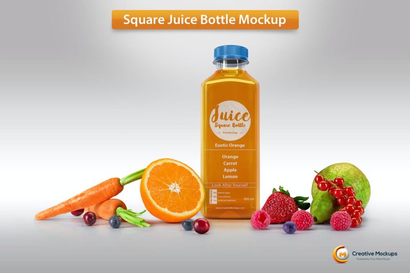 方形果汁瓶样机素材 Square Juice Bottle Mockup