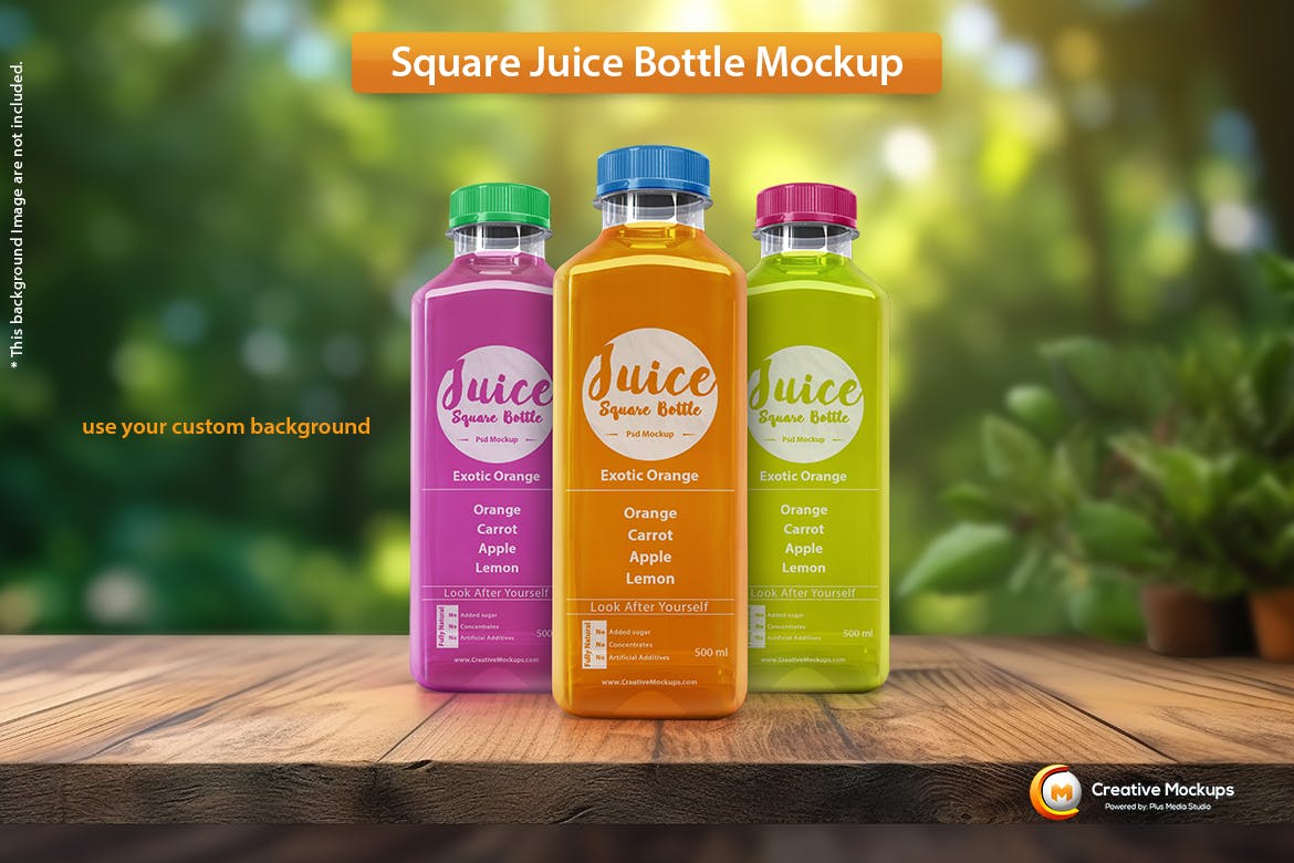 方形果汁瓶样机素材 Square Juice Bottle Mockup