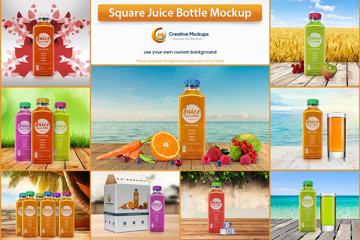 方形果汁瓶样机素材 Square Juice Bottle Mockup