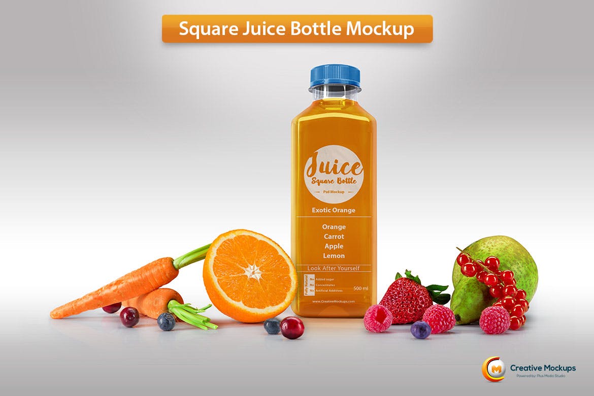 方形果汁瓶样机素材 Square Juice Bottle Mockup