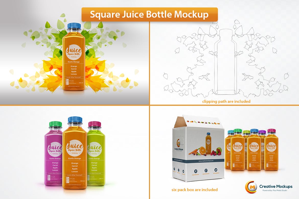 方形果汁瓶样机素材 Square Juice Bottle Mockup