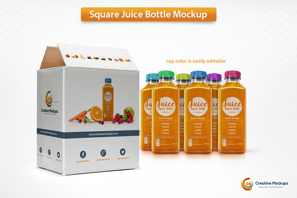 方形果汁瓶样机素材 Square Juice Bottle Mockup