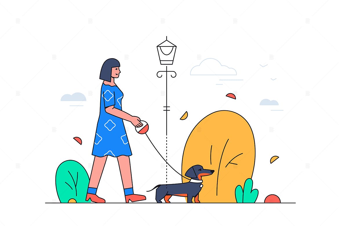遛狗运动扁平设计风格矢量插画素材 Girl walking a dog – flat design illustration