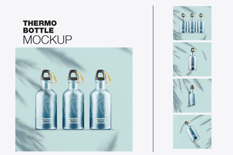 金属运动水杯样机素材 Set Metallic Thermo Bottles Mockup