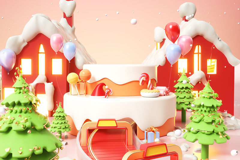 C4D工程-冬季圣诞节雪地卡通场景渲染工程卡通电商展台C4D模型下载