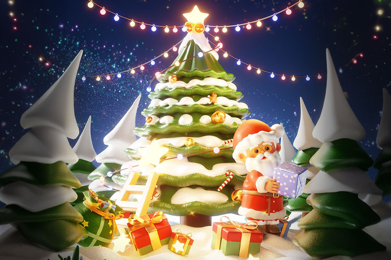 C4D工程-圣诞节圣诞树老人礼物卡通场景渲染工程卡通C4D模型下载