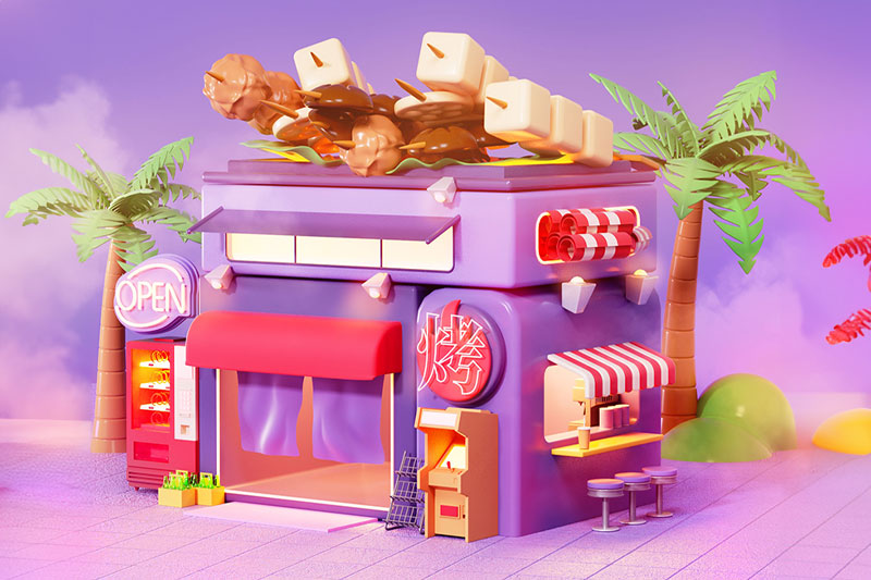 C4D工程-夜晚卡通烧烤店场景渲染工程卡通场景模型C4D模型下载