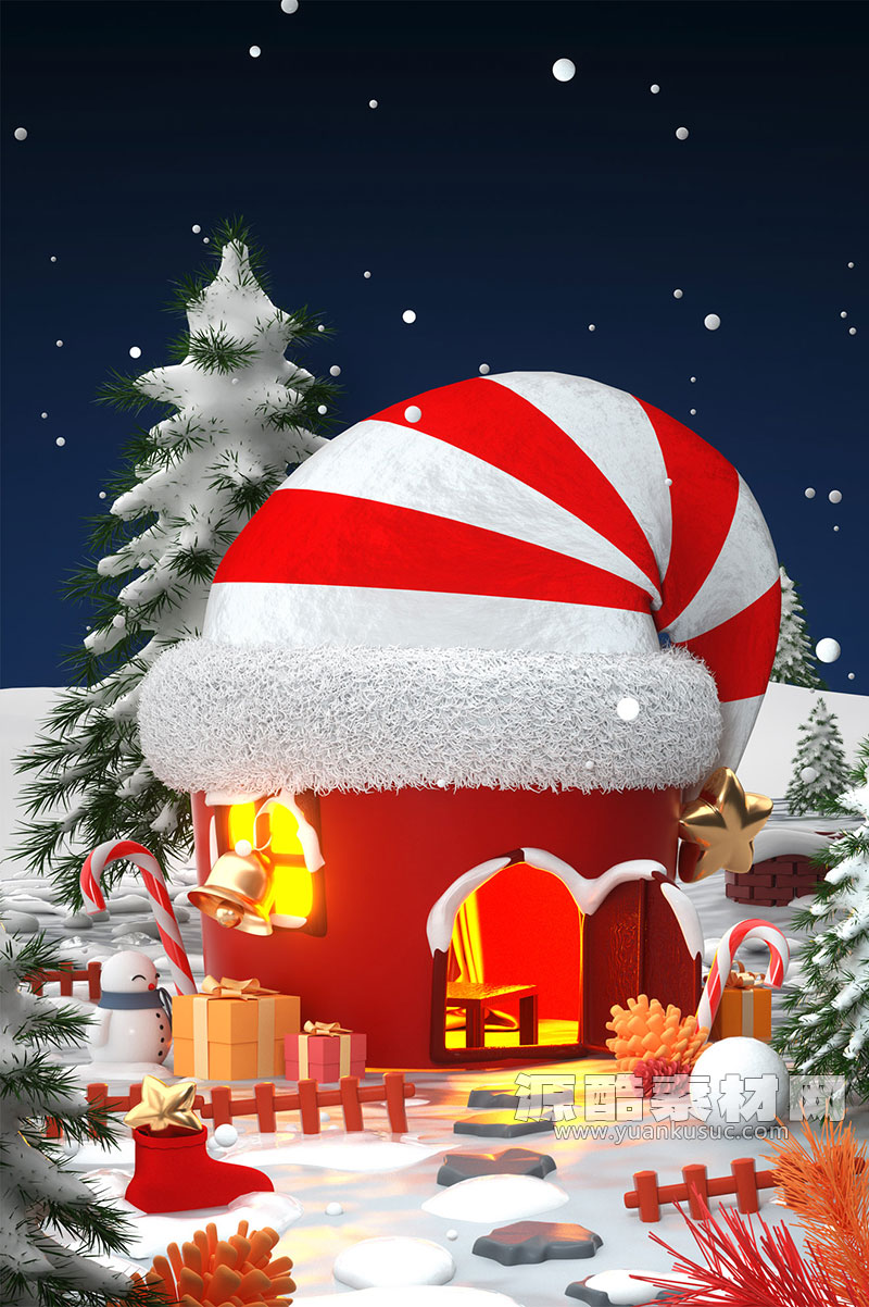 C4D工程-圣诞节雪地房子卡通场景渲染工程圣诞节场景C4D模型下载