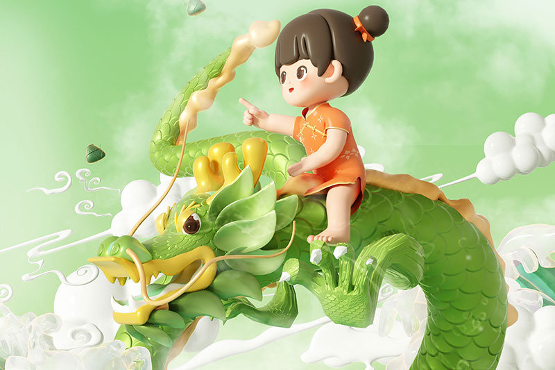 C4D工程-卡通IP女孩与青龙场景渲染工程卡通人物场景C4D模型下载