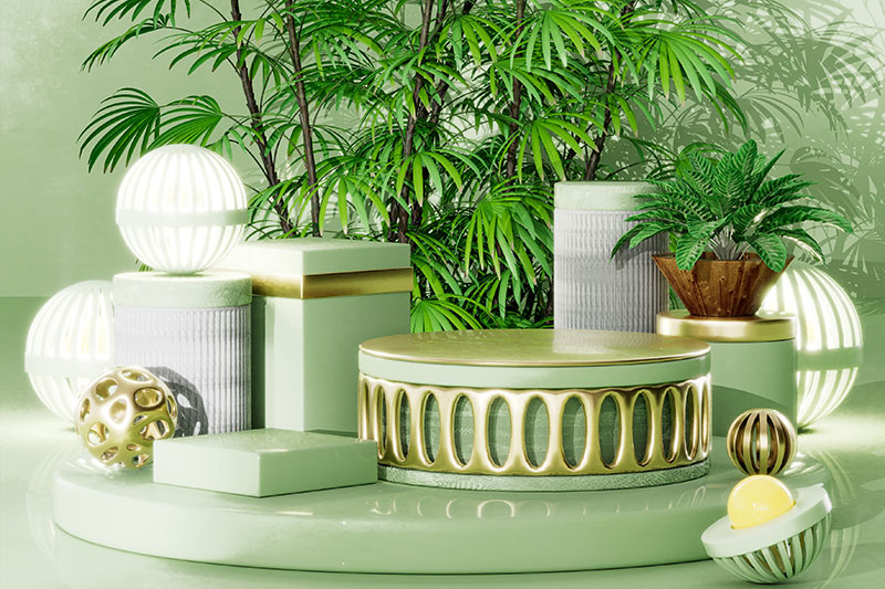 C4D工程-电商绿色展台竹子场景渲染工程电商场景C4D模型下载