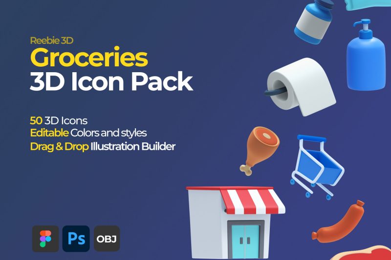 杂货店日用品卡通图标3D模型素材