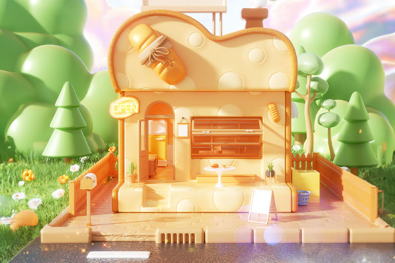 C4D工程-卡通面包店小屋场景渲染工程卡通小屋C4D模型下载