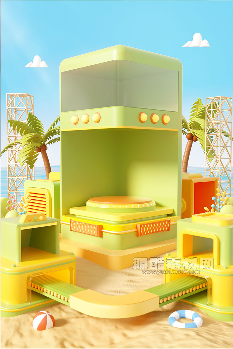 C4D工程-夏日沙滩电商展台场景渲染工程电商场景C4D模型下载