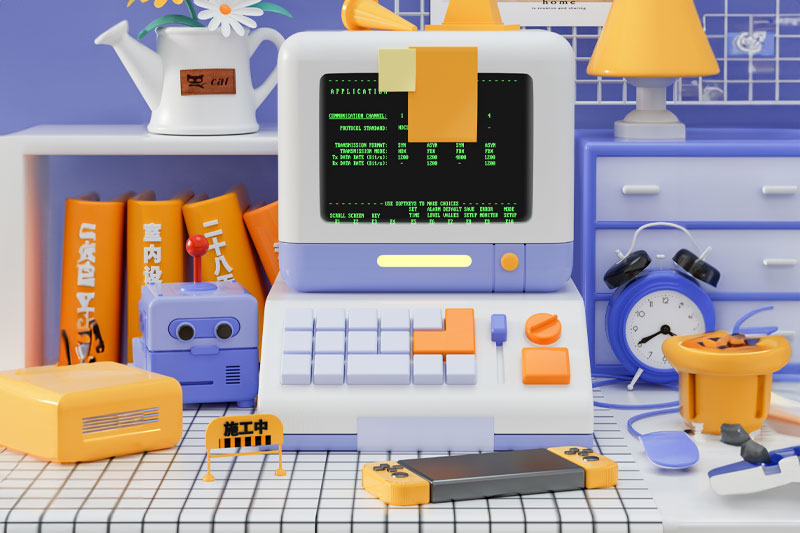 C4D工程-卡通电脑桌面场景渲染工程卡通场景C4D模型