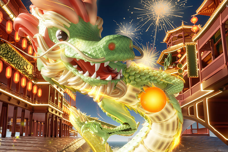 C4D工程-龙年中国风建筑夜景场景渲染工程卡通龙C4D模型下载