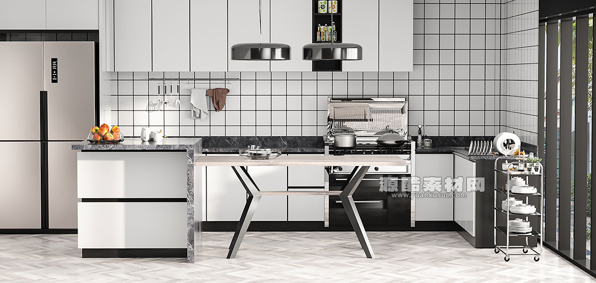 C4D工程-开放式厨房场景渲染工程厨房场景模型厨具C4D模型下载