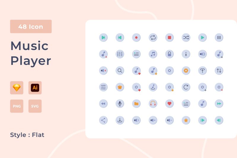 音乐播放器扁平化样式图标素材 Music Player Flat Style Icon Pack