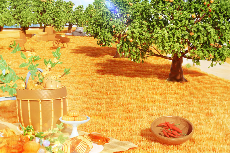 C4D工程-秋天田园果园丰收场景渲染工程C4D模型下载