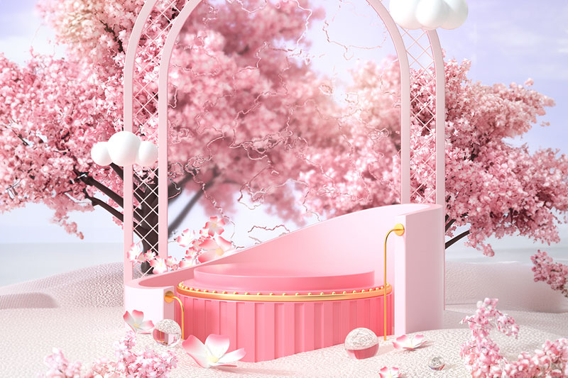 C4D工程-粉色樱花电商展台场景渲染工程电商场景C4D模型下载