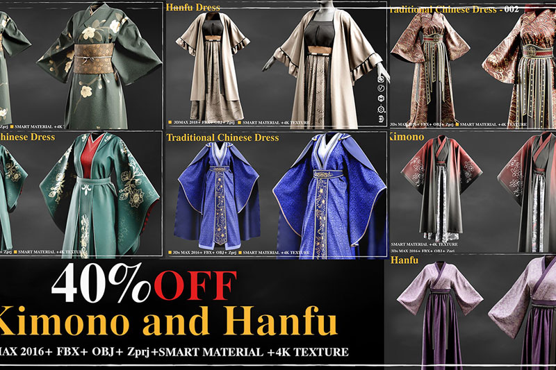 7款中式汉服和日式和服模型3D模型下载 7 Kimono and Hanfu dress /Marvelous Designer / 4k Textures/Smart material