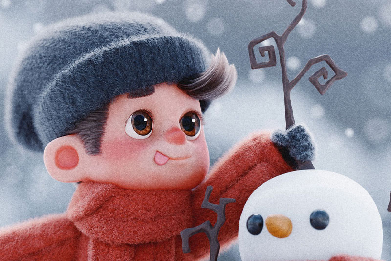 Blender可爱卡通小孩堆雪人场景模型预设 Sticks & Snow