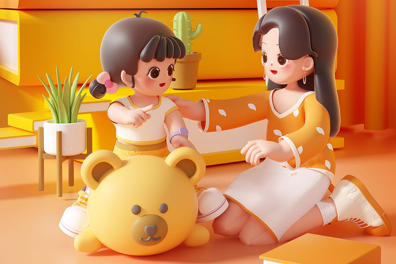 C4D工程-卡通女孩妈妈母女人物场景渲染工程卡通IP人物C4D模型下载