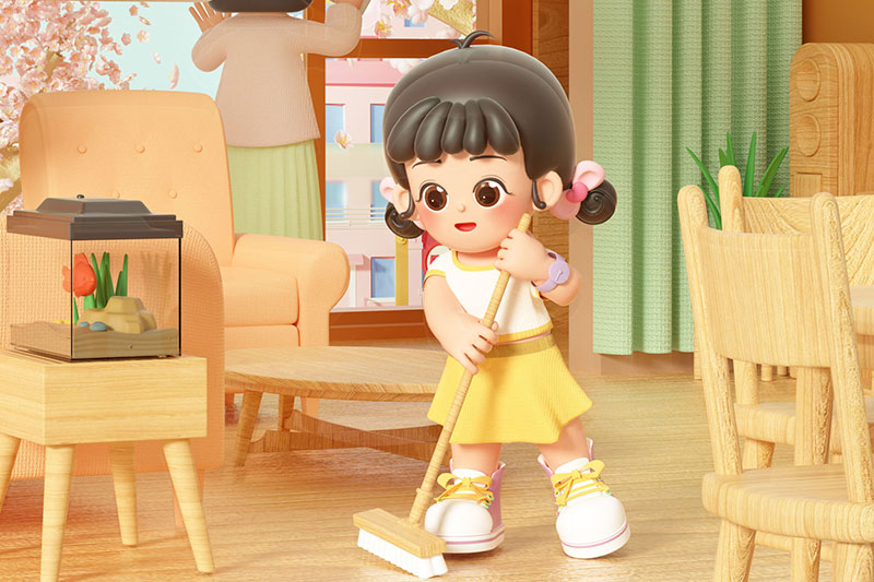 C4D工程-卡通女孩室内场景渲染工程卡通IP人物场景C4D模型下载